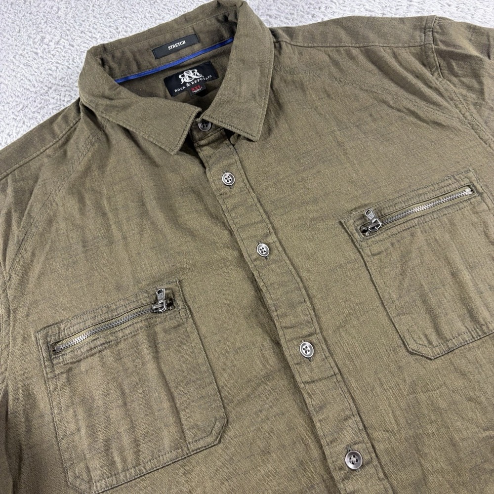 Rock Republic Shirt Mens XXL Stretch Olive Green Pockets Utility Herringbone - Picture 3 of 12